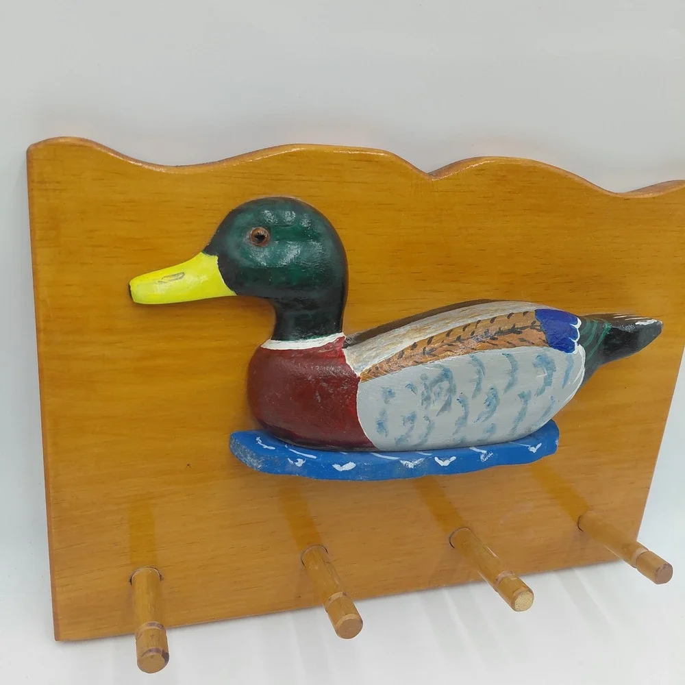 Vintage Hand Carved Painted Mallard Duck Wooden Wall 4 Peg Rack Cabin Cottage